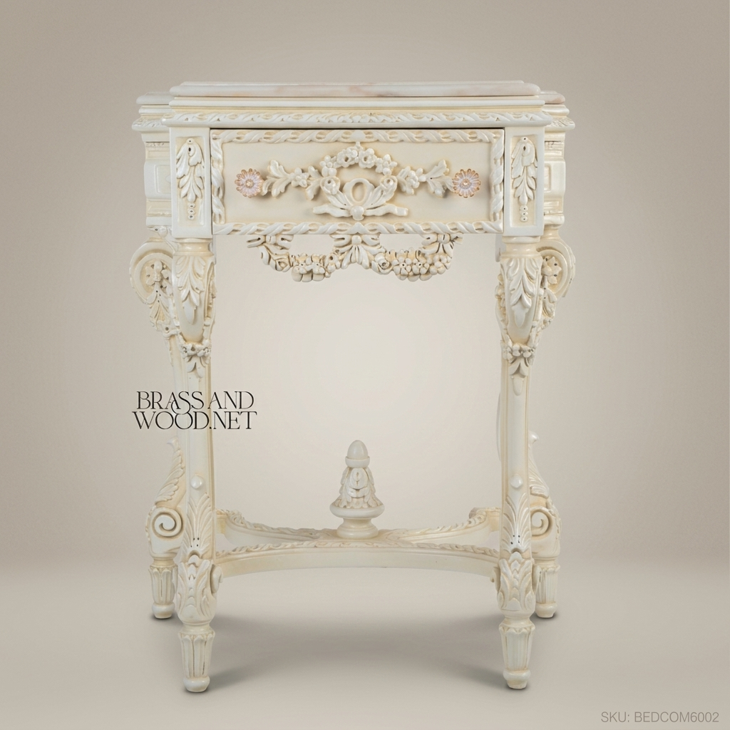 Napoleon III Rococo Revival Ivory Nightstand with Carved Floral Garlands & Marble Top