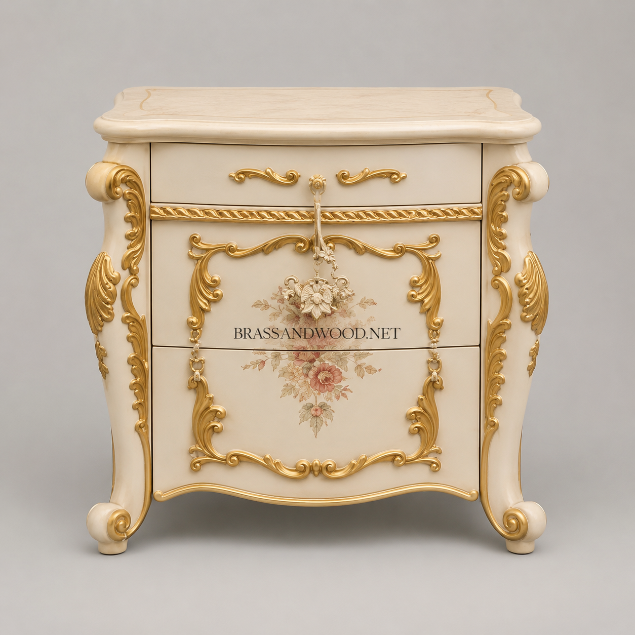 Napoleon III Rococo Revival Ivory Nightstand - Bombé Form with Hand-Painted Floral Panels