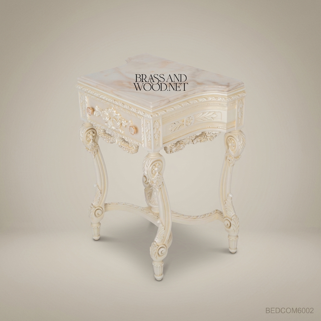 Napoleon III Rococo Revival Ivory Nightstand with Carved Floral Garlands & Marble Top