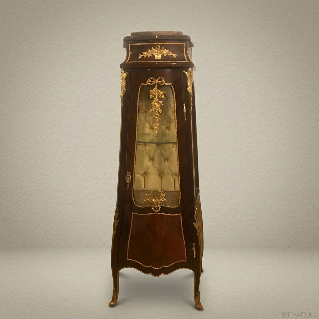 Napoleon III Rococo Revival Mahogany Vitrine - Single Door Tall Display Cabinet with Gilt Ormolu Mounts