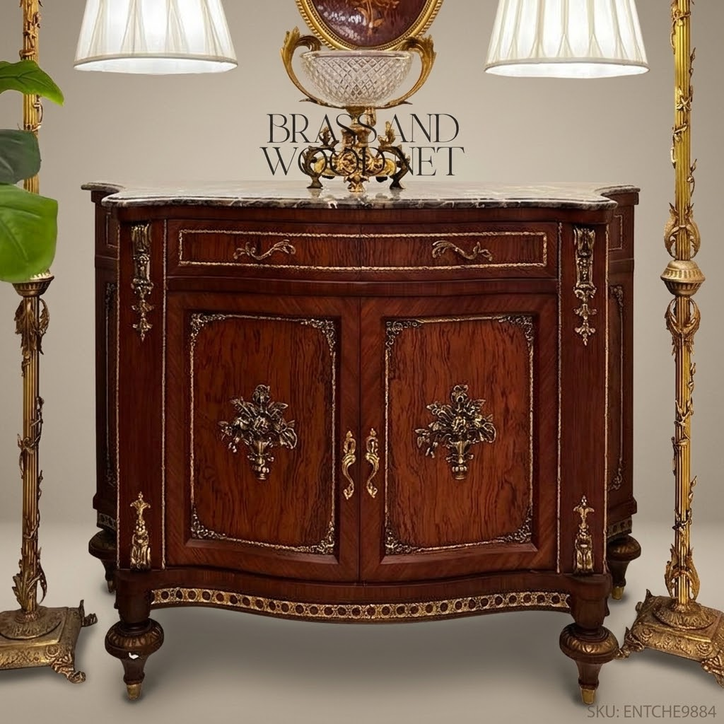 Louis XV Rococo Commode in Walnut & Antique Brass with Marble Top