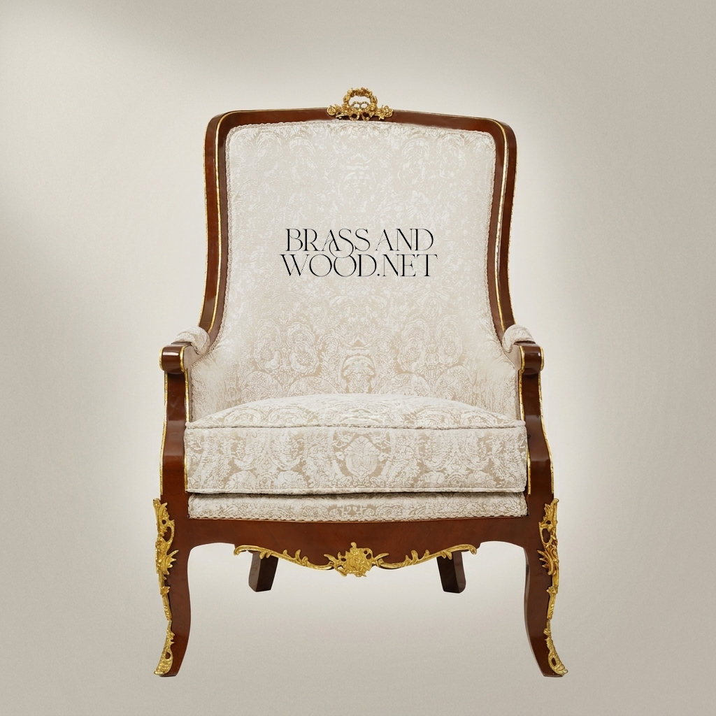 Napoleon III Rococo Revival Marquetry Bergère Armchair Tall Back Gilt Brass Mounts Cream Damask View 2 | Brass & Wood