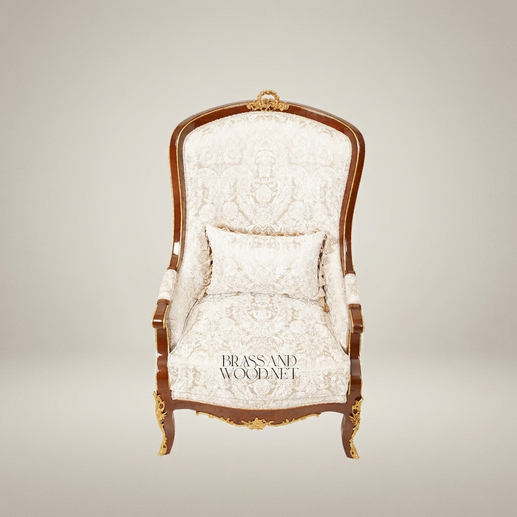 Napoleon III Rococo Revival Marquetry Bergère Armchair Tall Back Gilt Brass Mounts Cream Damask View 3 | Brass & Wood