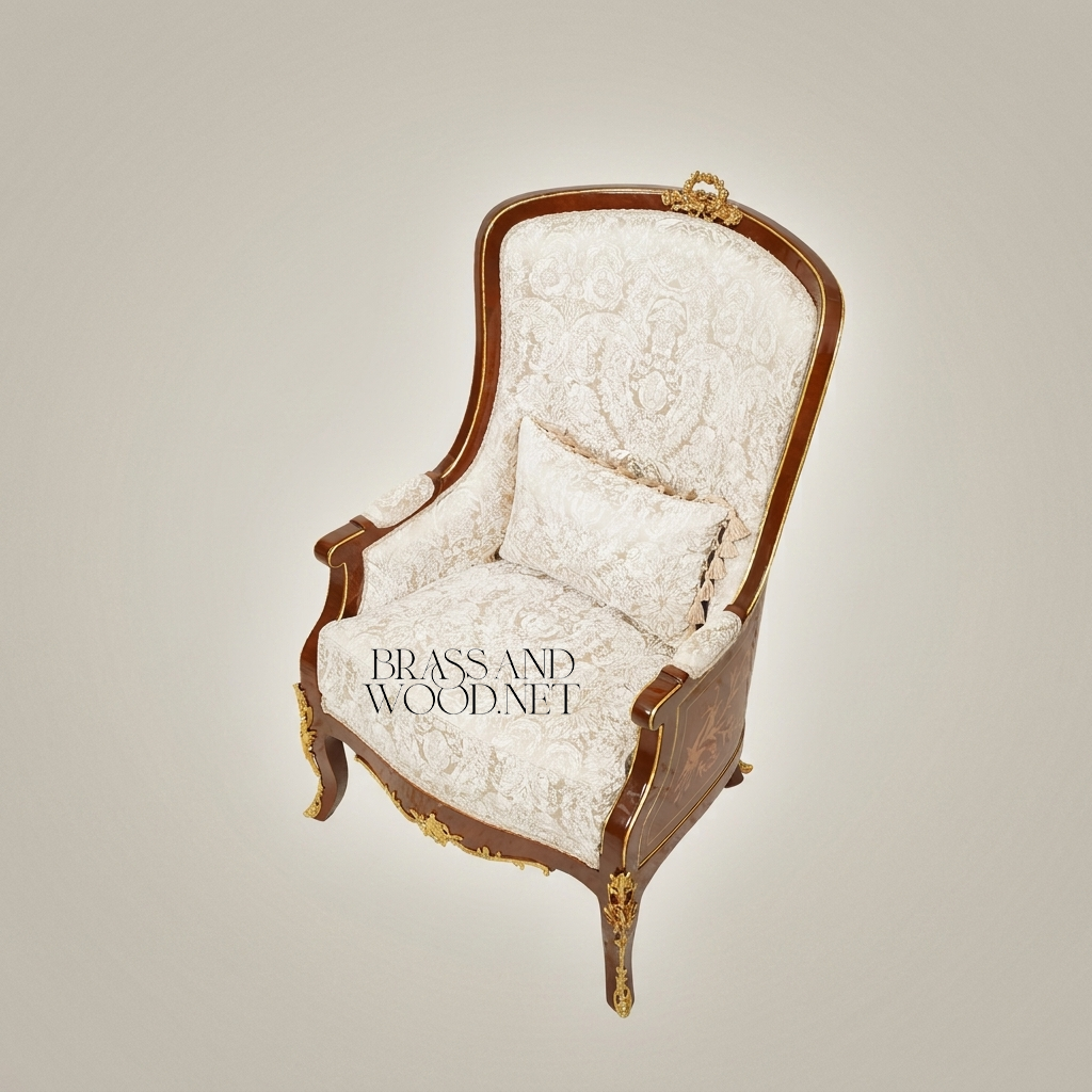 Napoleon III Rococo Revival Marquetry Bergère Armchair Tall Back Gilt Brass Mounts Cream Damask View 4 | Brass & Wood