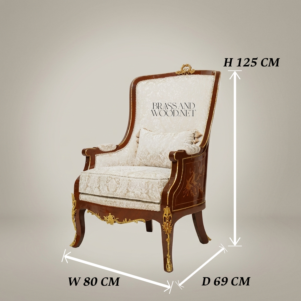 Napoleon III Rococo Revival Marquetry Bergère Armchair Tall Back Gilt Brass Mounts Cream Damask View 5 | Brass & Wood