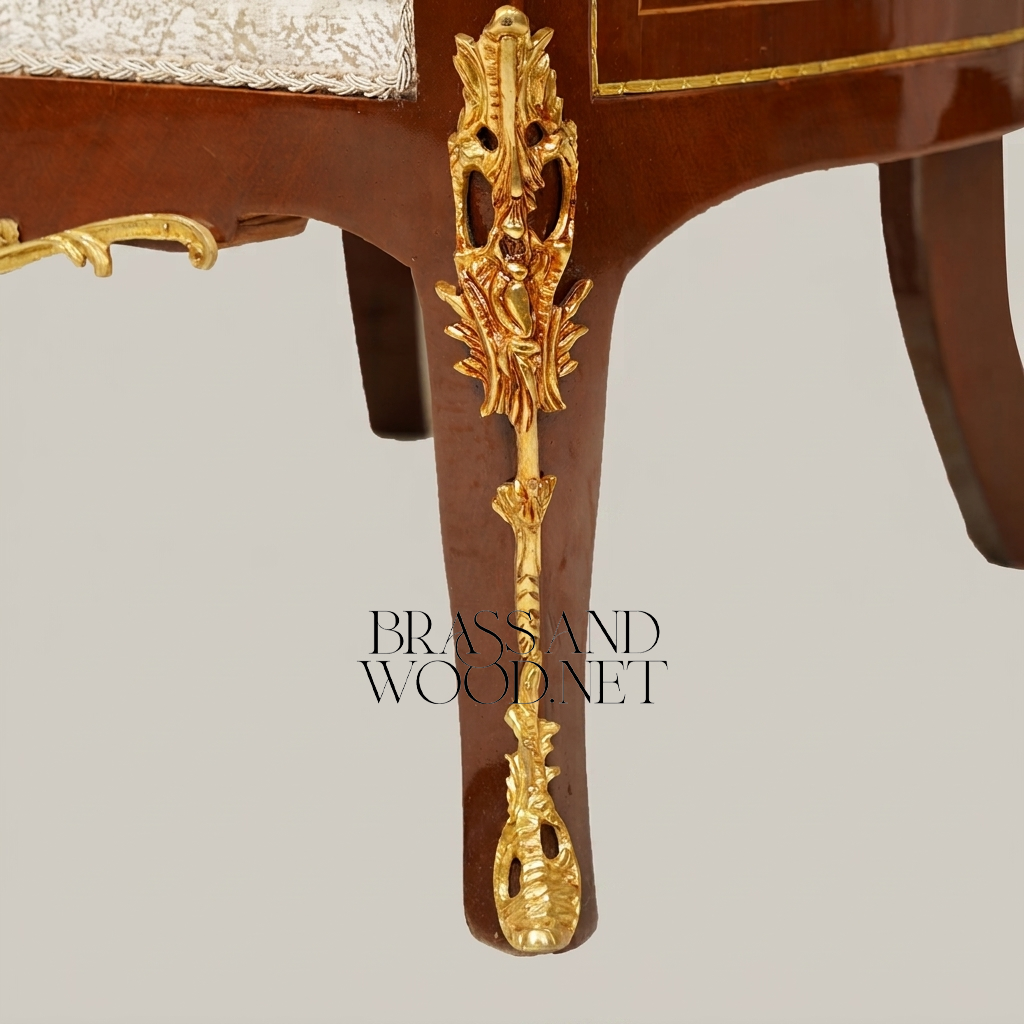 Napoleon III Rococo Revival Marquetry Bergère Armchair Tall Back Gilt Brass Mounts Cream Damask View 6 | Brass & Wood