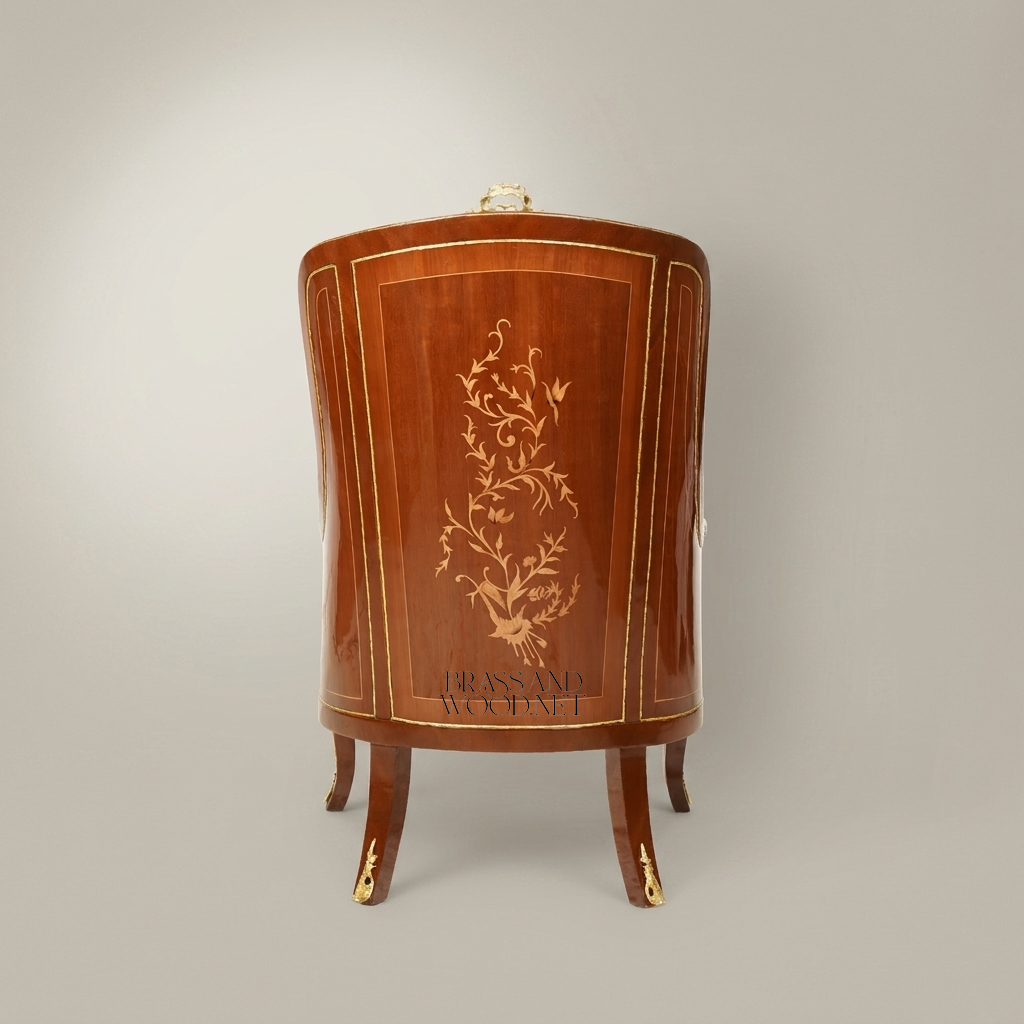 Napoleon III Rococo Revival Marquetry Bergère Armchair Tall Back Gilt Brass Mounts Cream Damask View 7 | Brass & Wood