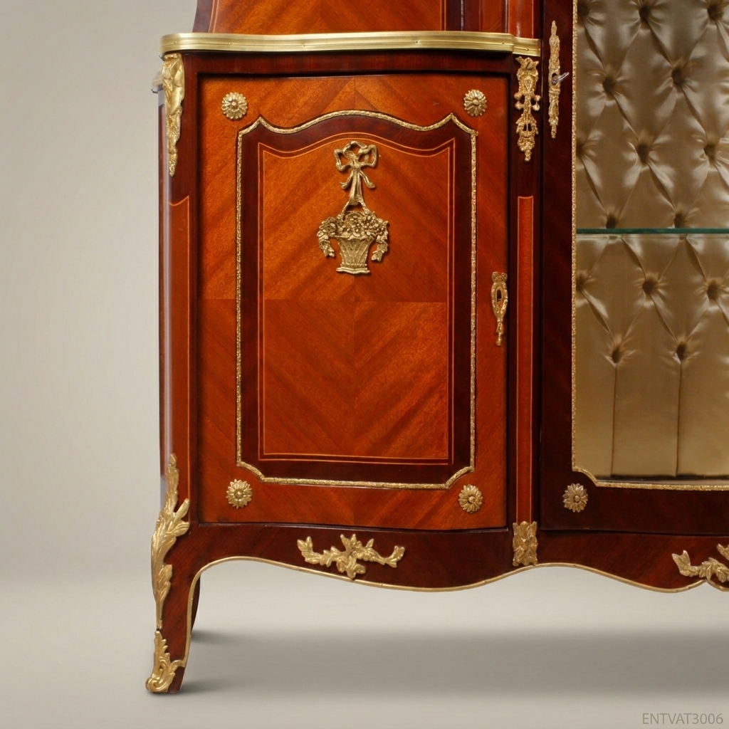 Napoleon III Rococo Revival Marquetry Vitrine Cabinet with Open Shelf & Gilt Bronze Mounts