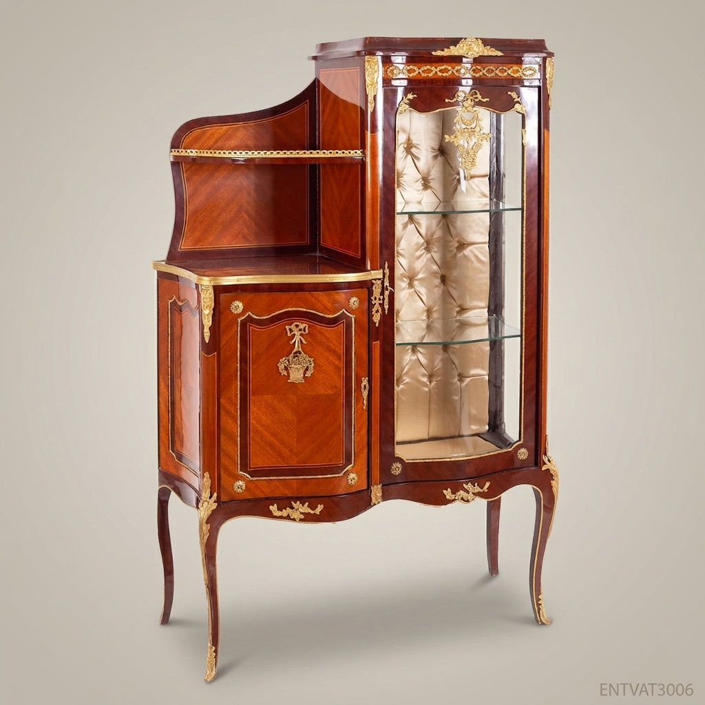 Napoleon III Rococo Revival Marquetry Vitrine Cabinet with Open Shelf & Gilt Bronze Mounts