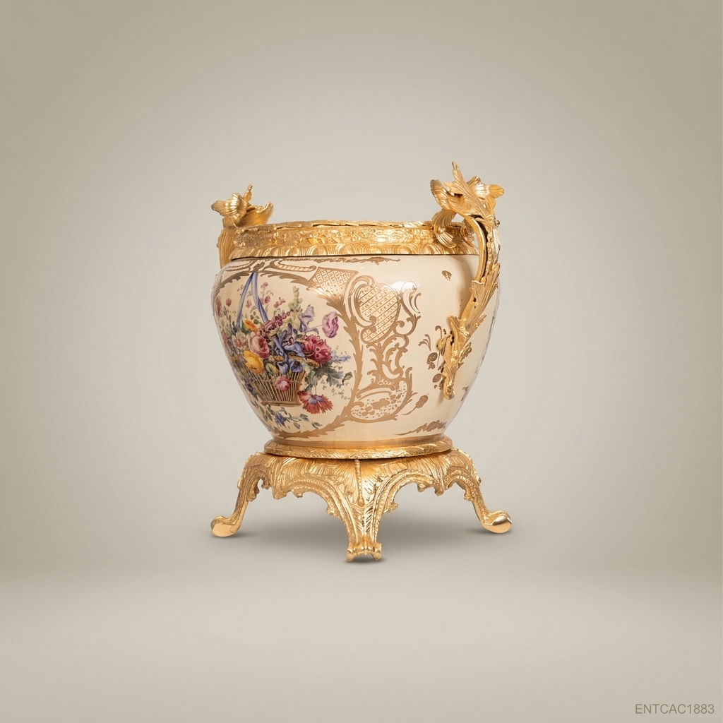 Napoleon III Rococo Revival Hand-Painted Porcelain Cachepot with Gilt Bronze Dragon Handles