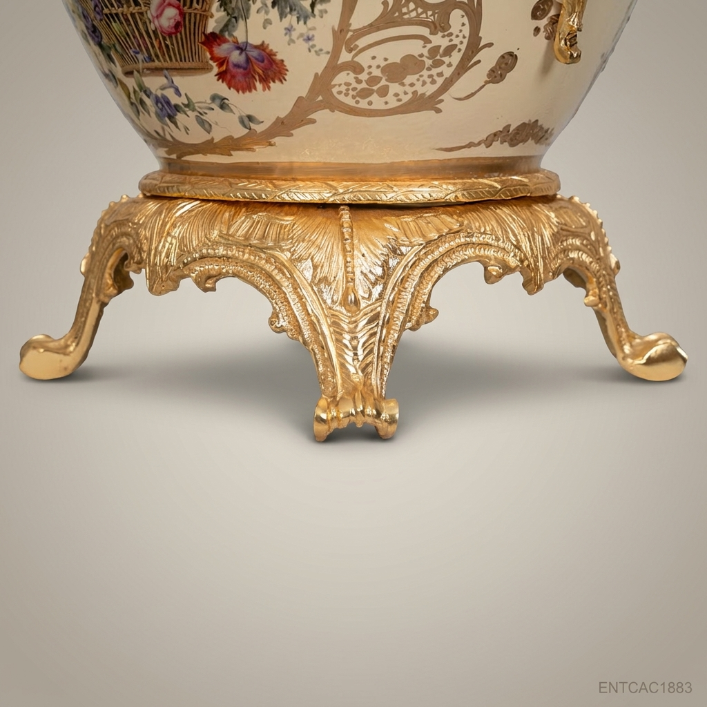 Napoleon III Rococo Revival Hand-Painted Porcelain Cachepot with Gilt Bronze Dragon Handles