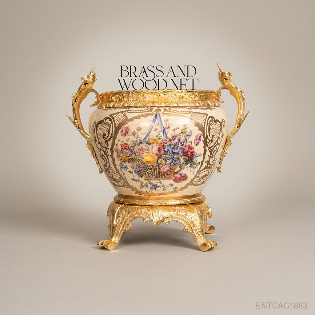 Napoleon III Rococo Revival Hand-Painted Porcelain Cachepot with Gilt Bronze Dragon Handles