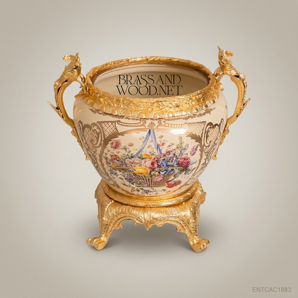 Napoleon III Rococo Revival Hand-Painted Porcelain Cachepot with Gilt Bronze Dragon Handles