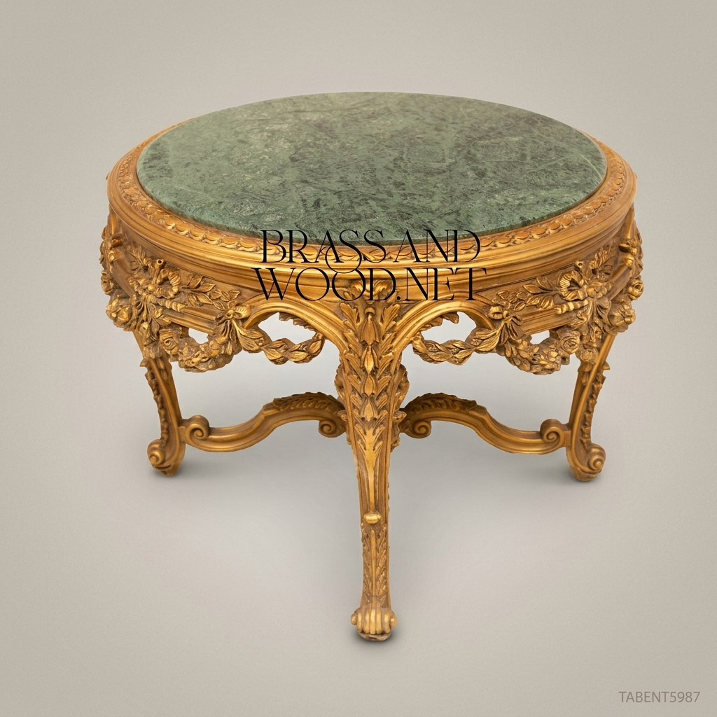 Napoleon III Rococo Revival Round Centre Table — Gilded Carved Frame with Green Marble Top