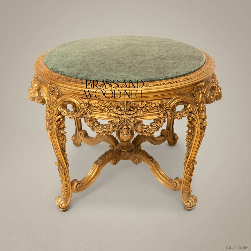 Napoleon III Rococo Revival Round Centre Table — Gilded Carved Frame with Green Marble Top