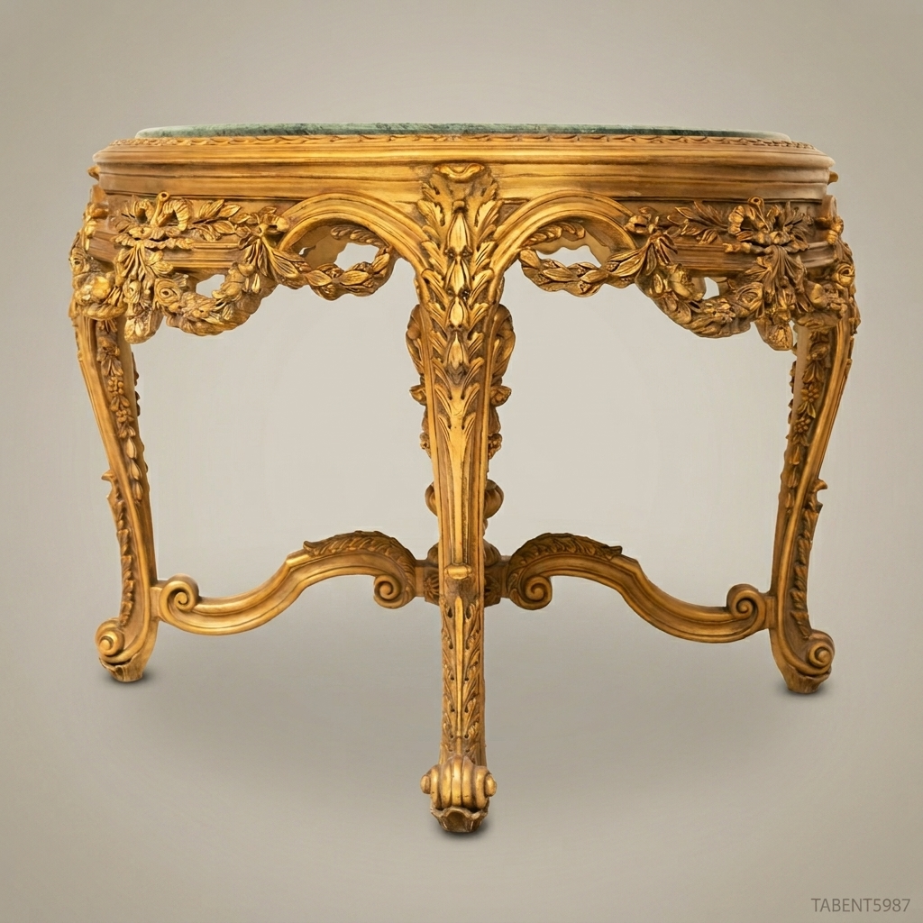 Napoleon III Rococo Revival Round Centre Table — Gilded Carved Frame with Green Marble Top