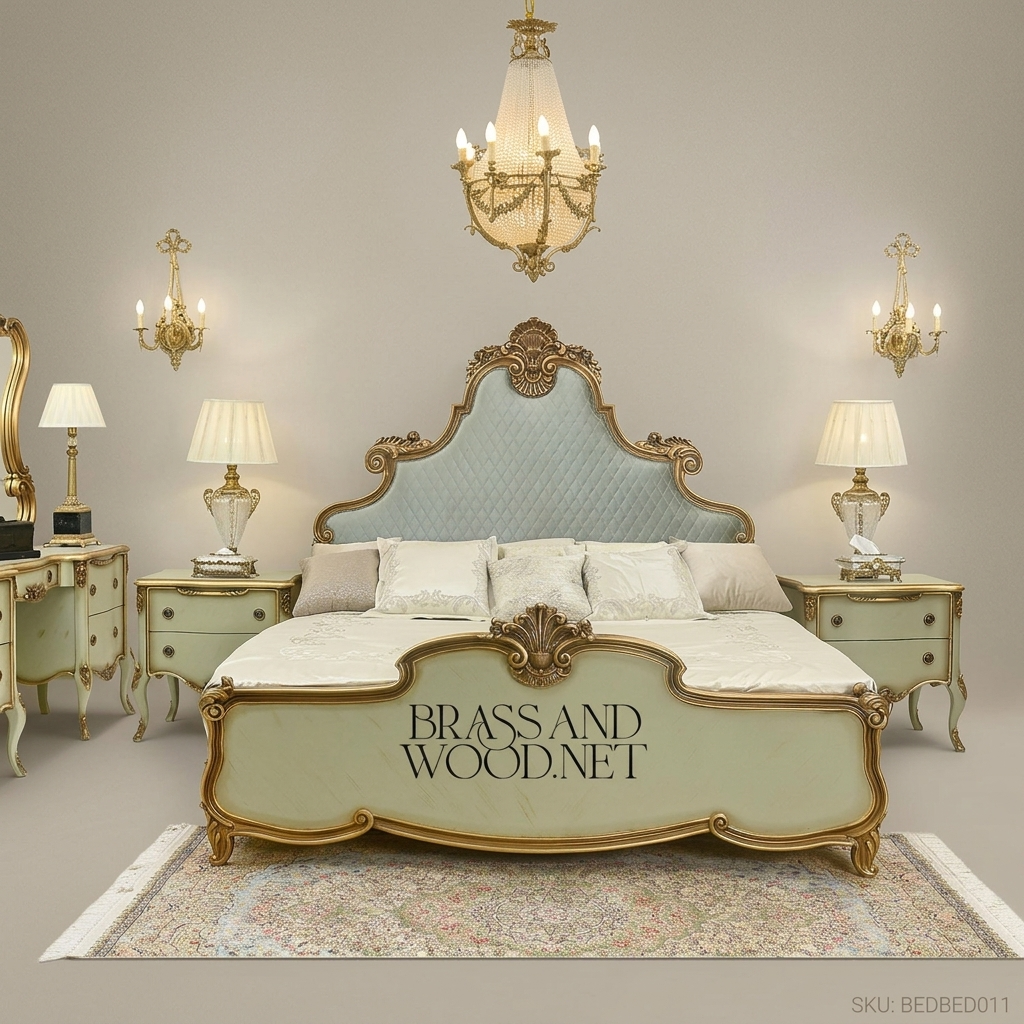 Napoleon III Rococo Revival Super King Bed — Diamond-Tufted Velvet Headboard with Gilded Shell Crest