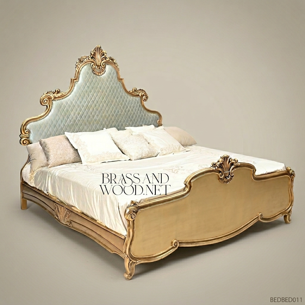 Napoleon III Rococo Revival Super King Bed — Diamond-Tufted Velvet Headboard with Gilded Shell Crest