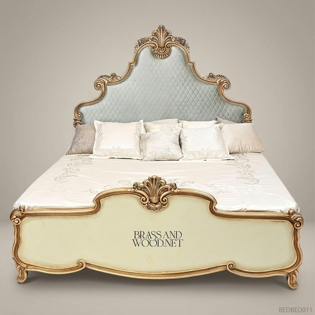 Napoleon III Rococo Revival Super King Bed — Diamond-Tufted Velvet Headboard with Gilded Shell Crest