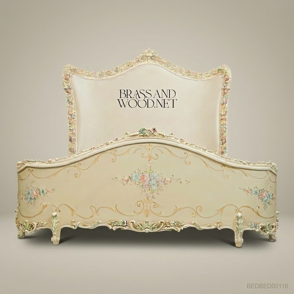 Napoleon III Rococo Revival Super King Bed — Hand-Painted Floral Garlands & Ivory Lacquer