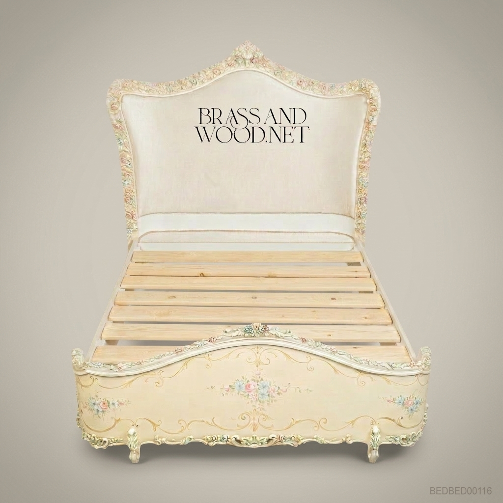 Napoleon III Rococo Revival Super King Bed — Hand-Painted Floral Garlands & Ivory Lacquer