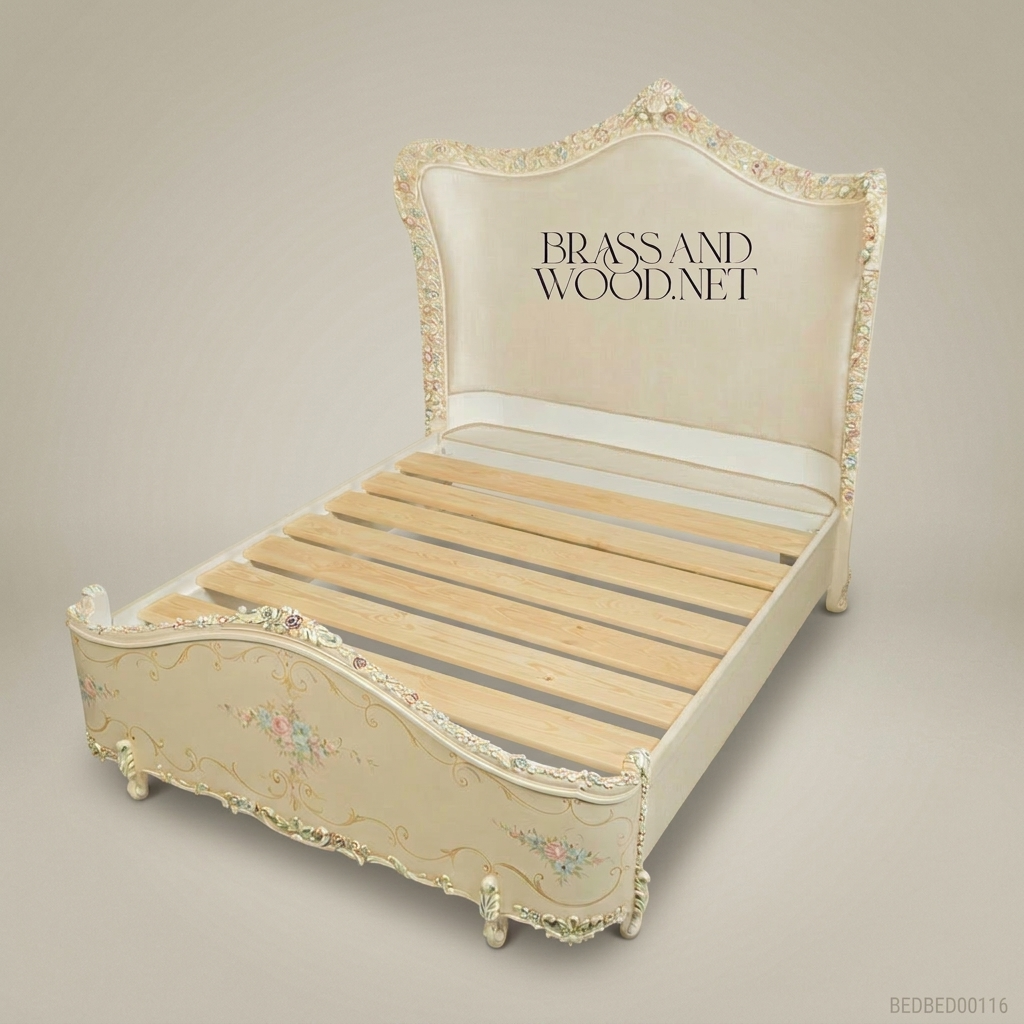 Napoleon III Rococo Revival Super King Bed — Hand-Painted Floral Garlands & Ivory Lacquer