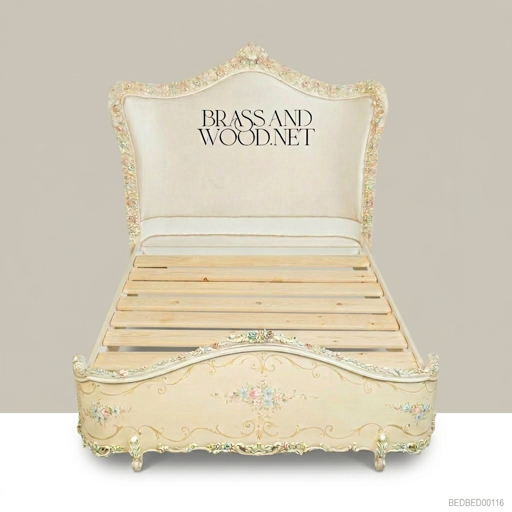 Napoleon III Rococo Revival Super King Bed — Hand-Painted Floral Garlands & Ivory Lacquer
