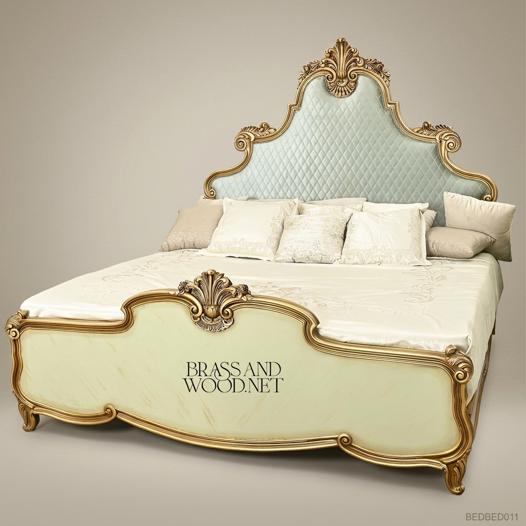 Napoleon III Rococo Revival Super King Bed — Diamond-Tufted Velvet Headboard with Gilded Shell Crest
