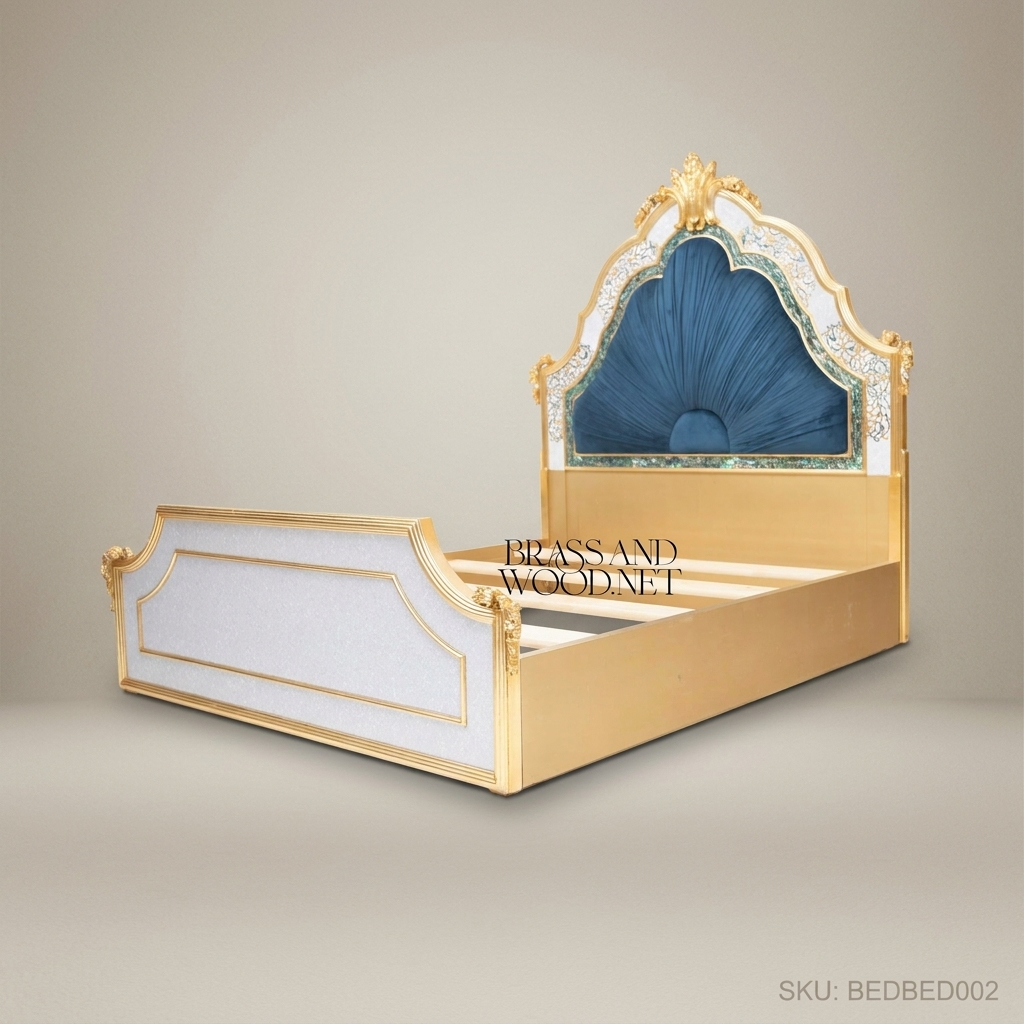 Napoleon III Rococo Revival Super King Bed — Fan-Pleated Teal Velvet & Gold Carved Shell Crest