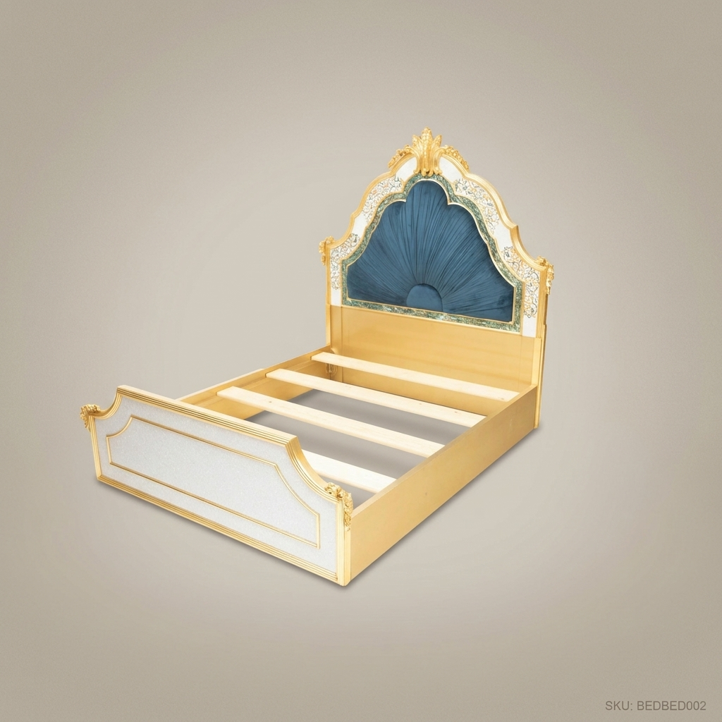 Napoleon III Rococo Revival Super King Bed — Fan-Pleated Teal Velvet & Gold Carved Shell Crest
