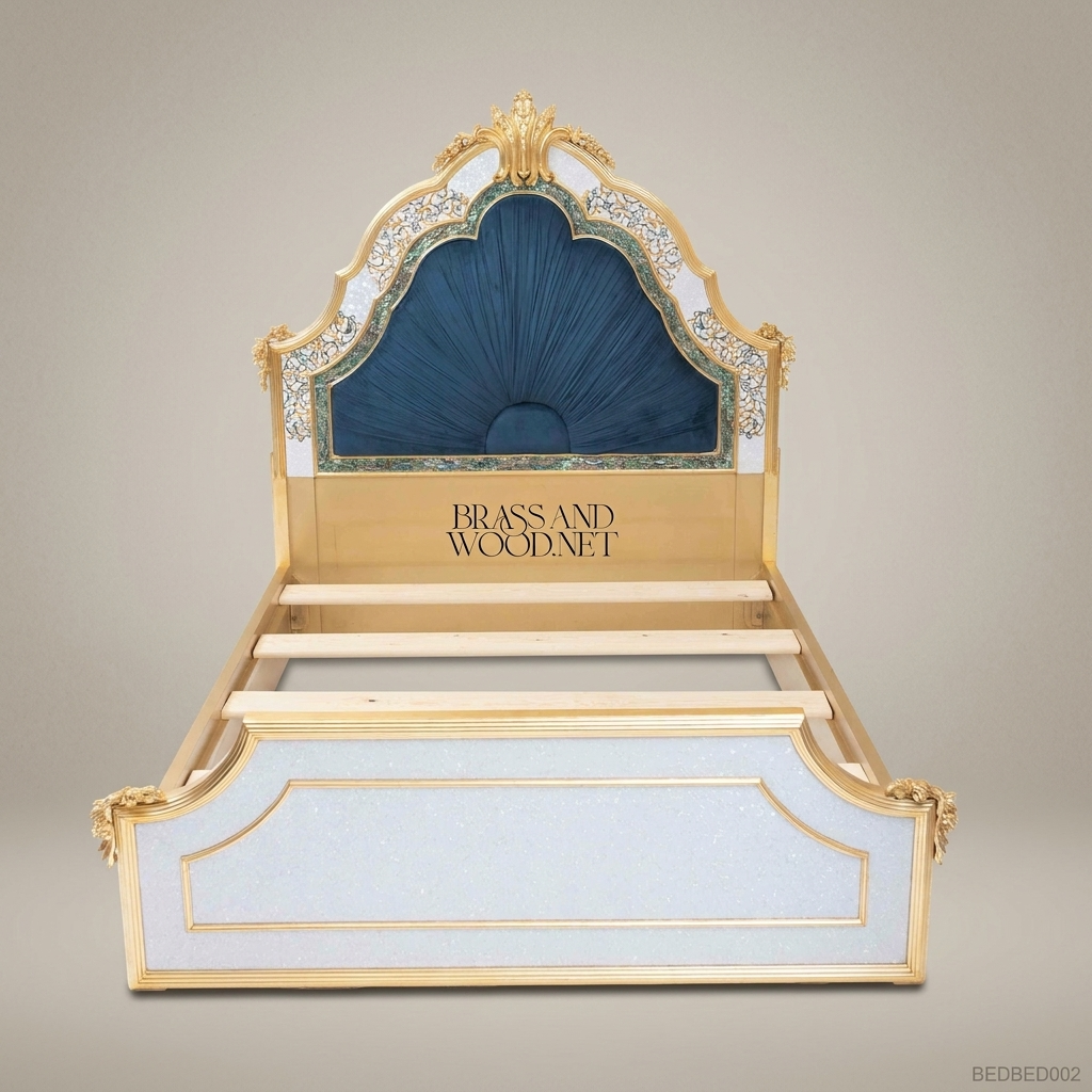 Napoleon III Rococo Revival Super King Bed — Fan-Pleated Teal Velvet & Gold Carved Shell Crest
