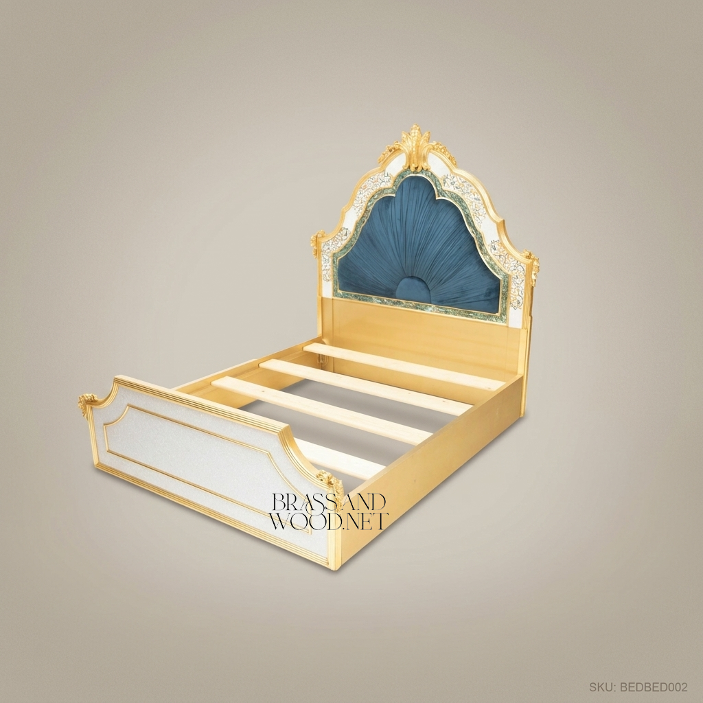 Napoleon III Rococo Revival Super King Bed — Fan-Pleated Teal Velvet & Gold Carved Shell Crest