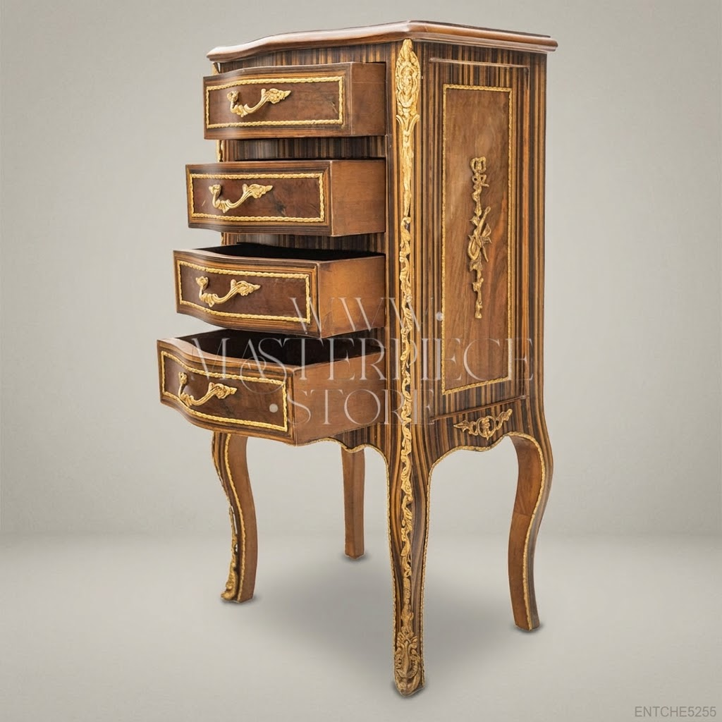 Louis XV Rococo Tall Chest of Drawers with Ormolu Mounts & Exotic Wood Marquetry