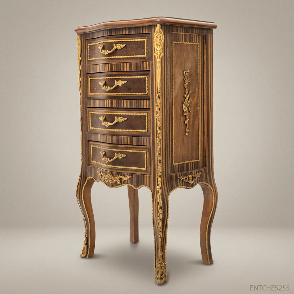 Louis XV Rococo Tall Chest of Drawers with Ormolu Mounts & Exotic Wood Marquetry