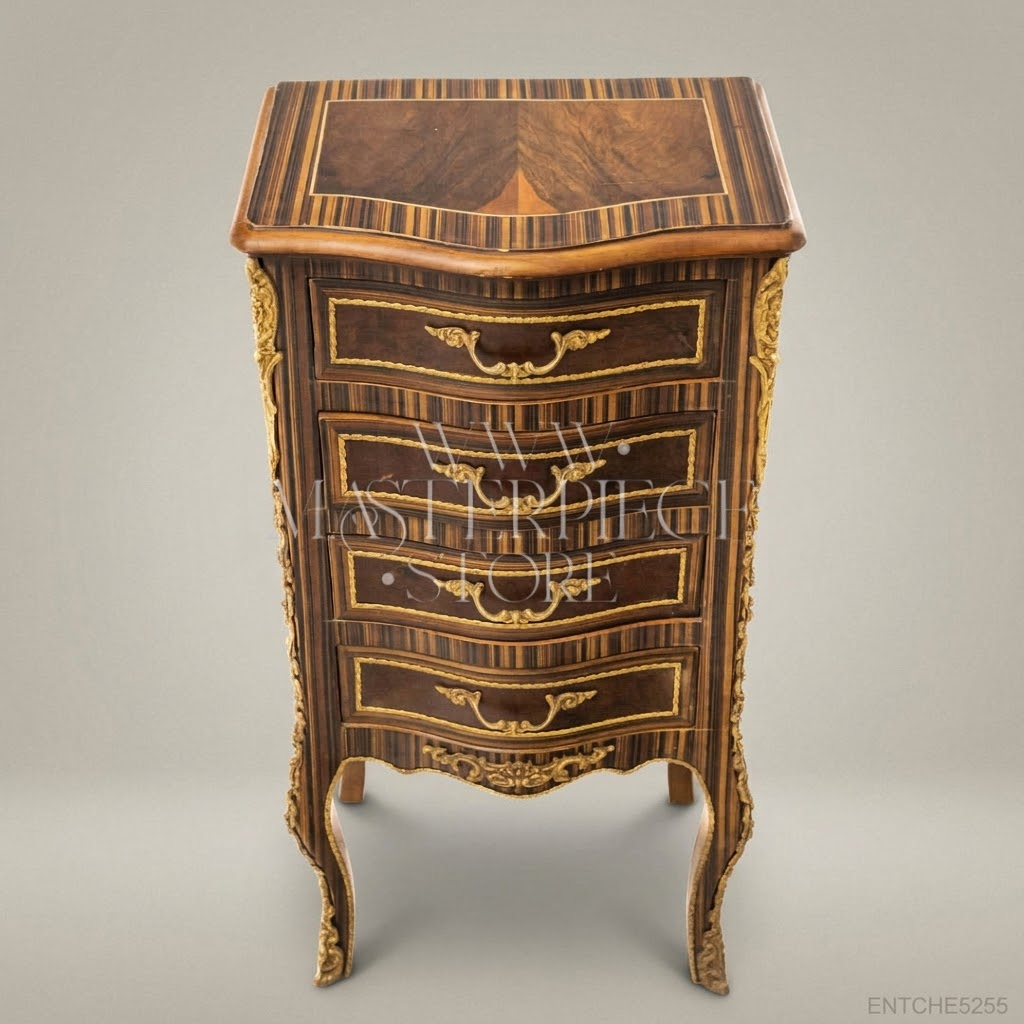 Louis XV Rococo Tall Chest of Drawers with Ormolu Mounts & Exotic Wood Marquetry