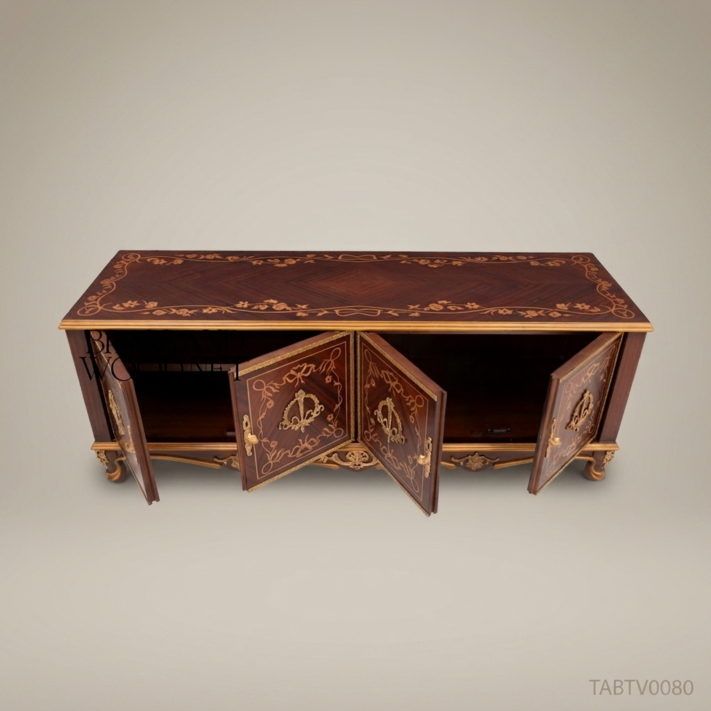 Napoleon III Rococo Revival TV Cabinet – Gilt Marquetry Inlay & Fleur-de-Lys Brass Handles