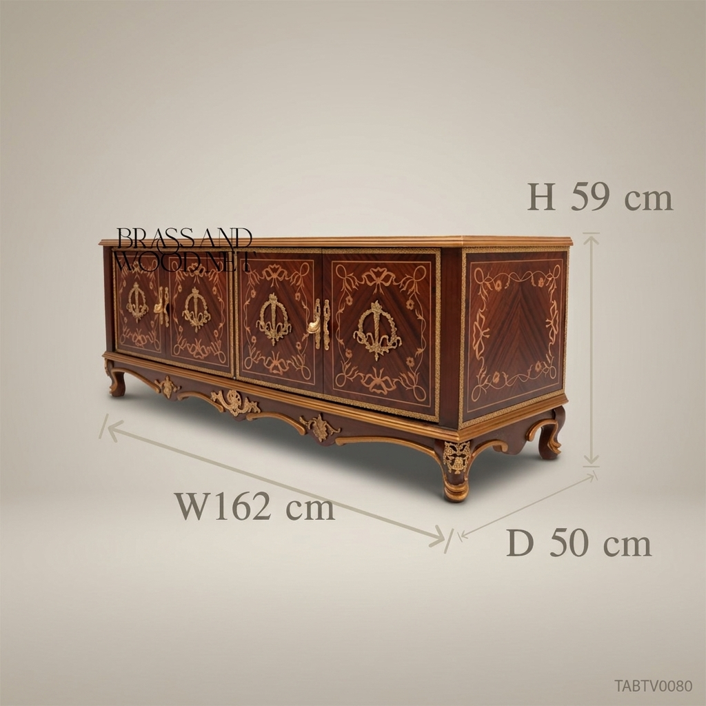 Napoleon III Rococo Revival TV Cabinet – Gilt Marquetry Inlay & Fleur-de-Lys Brass Handles