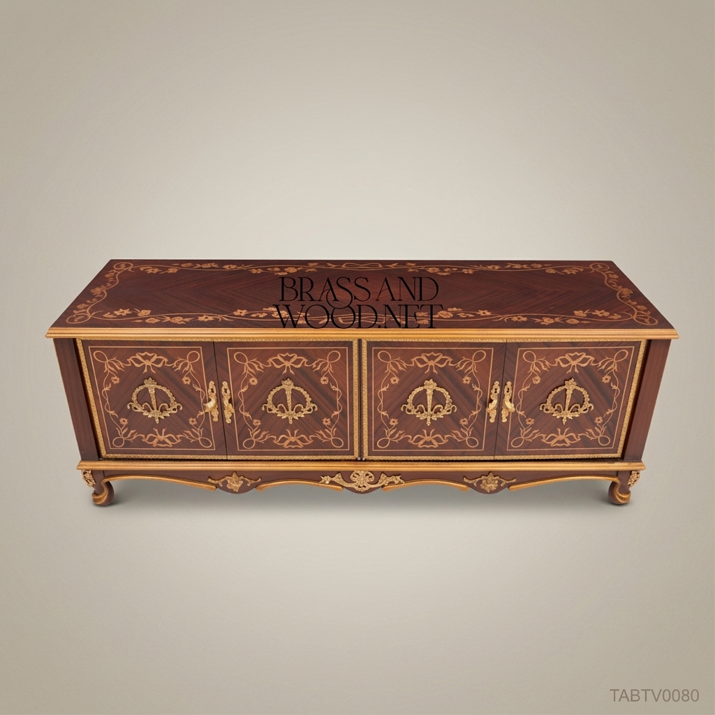 Napoleon III Rococo Revival TV Cabinet – Gilt Marquetry Inlay & Fleur-de-Lys Brass Handles