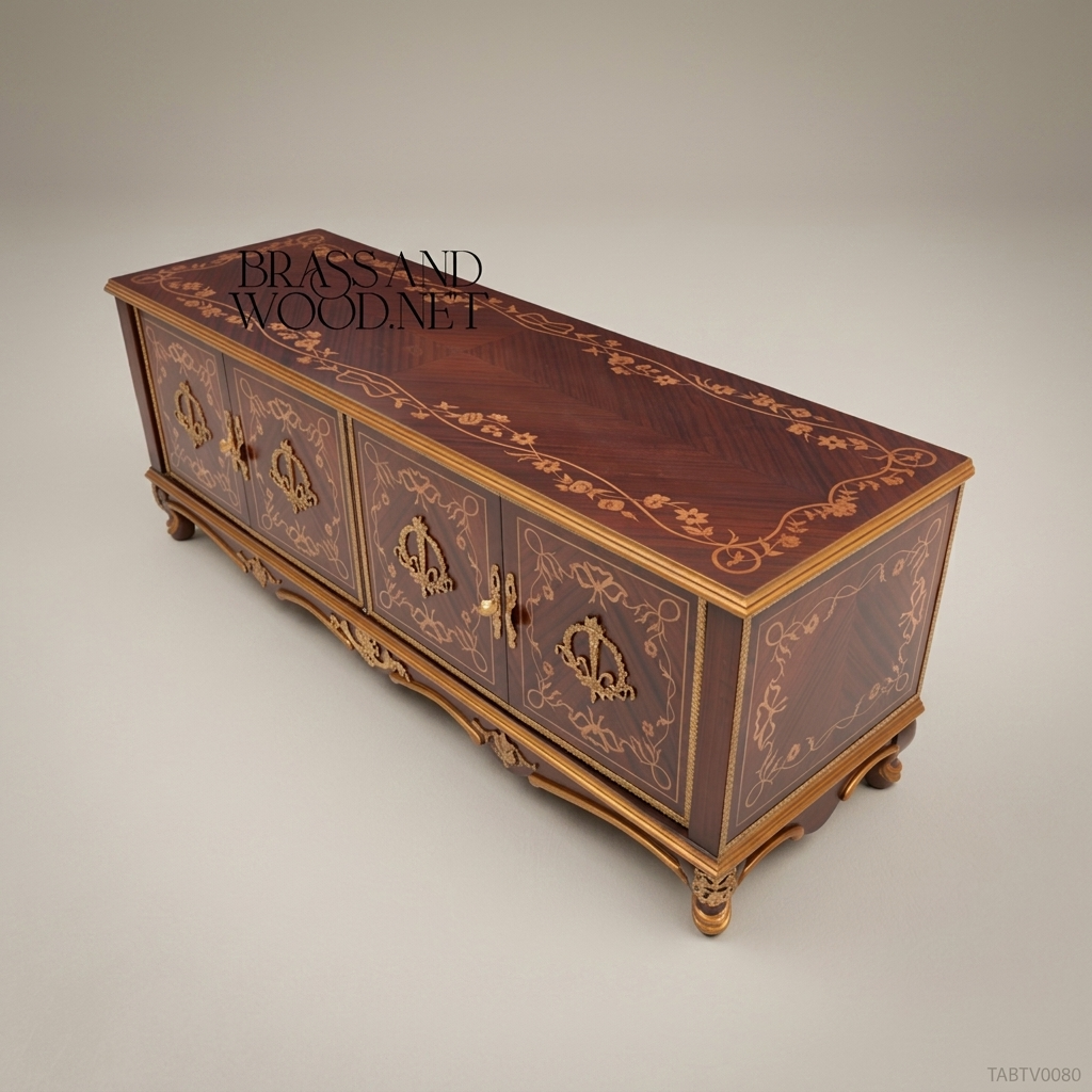 Napoleon III Rococo Revival TV Cabinet – Gilt Marquetry Inlay & Fleur-de-Lys Brass Handles