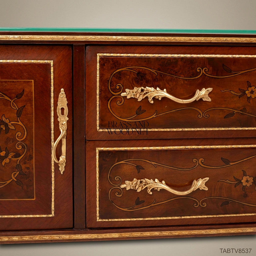 Napoleon III Rococo Revival TV Console — Floral Marquetry & Gilt Brass Mounts