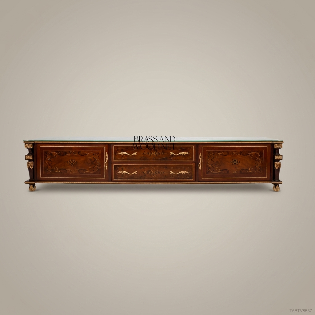 Napoleon III Rococo Revival TV Console — Floral Marquetry & Gilt Brass Mounts
