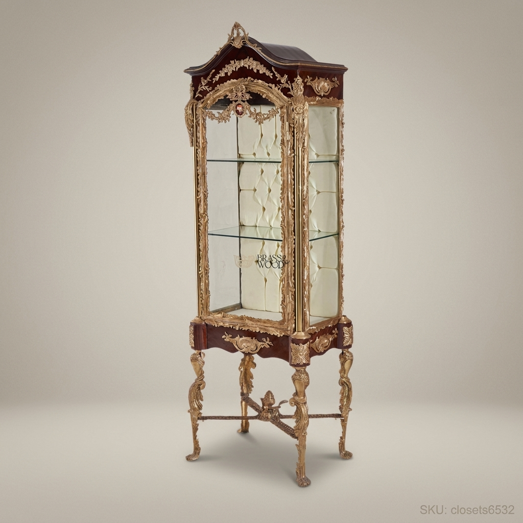 Napoleon III Rococo Revival Vitrine with Capitonné Back & Figural Gilt Legs