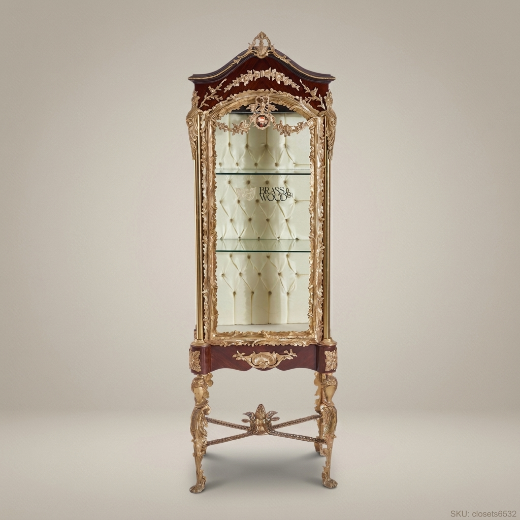 Napoleon III Rococo Revival Vitrine with Capitonné Back & Figural Gilt Legs