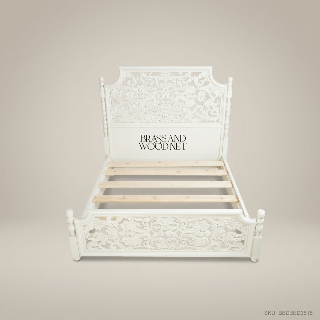 Napoleon III Rococo Revival White Lacquered Bedroom Set - Carved Acanthus & Hand-Painted Blossom Nightstands