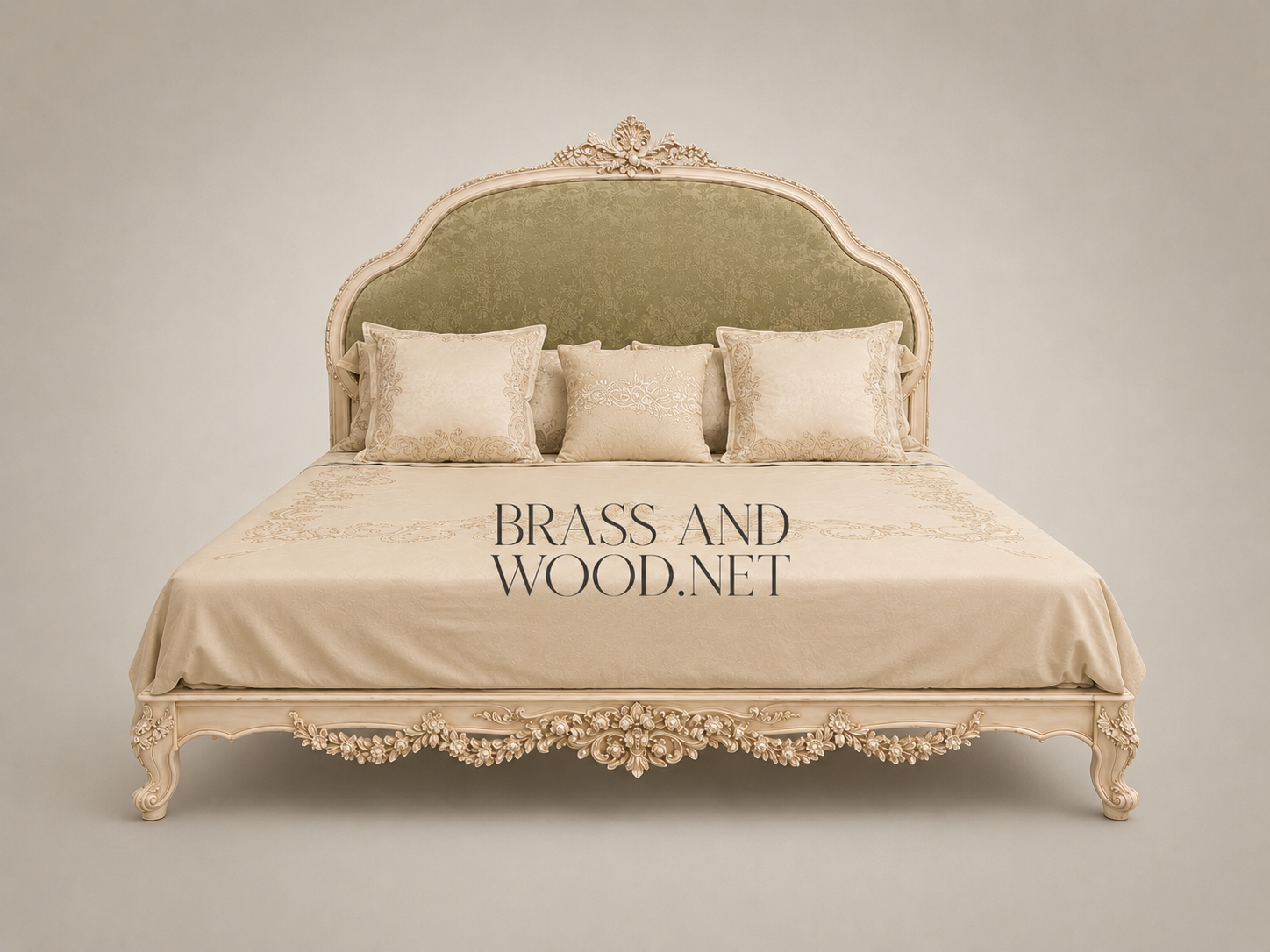 Napoleon III Rococo Revival Super King Bed with Sage Velvet Headboard and Carved Ivory Apron