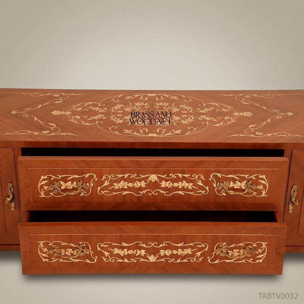 Napoleon III Rococo Revival TV Cabinet with Gold Arabesque Marquetry & Glass Top
