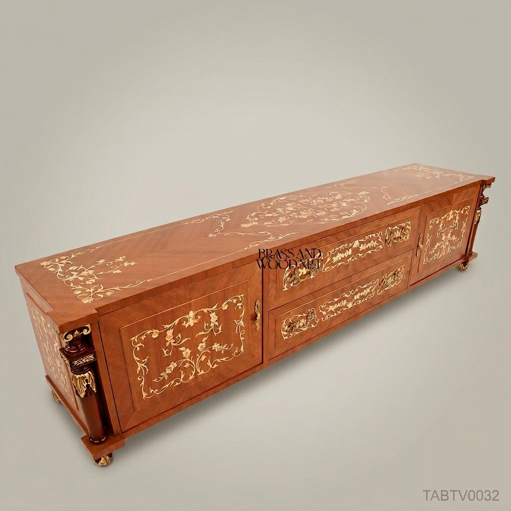 Napoleon III Rococo Revival TV Cabinet with Gold Arabesque Marquetry & Glass Top
