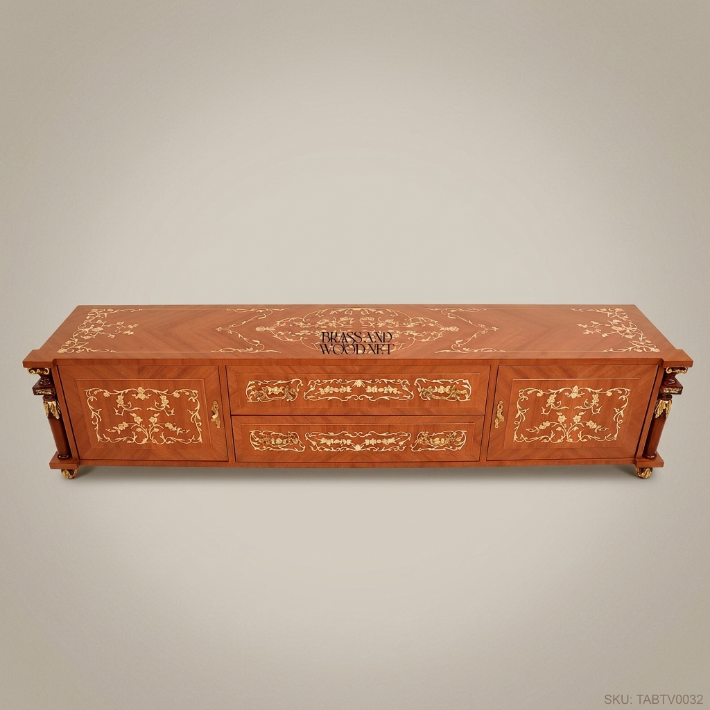 Napoleon III Rococo Revival TV Cabinet with Gold Arabesque Marquetry & Glass Top