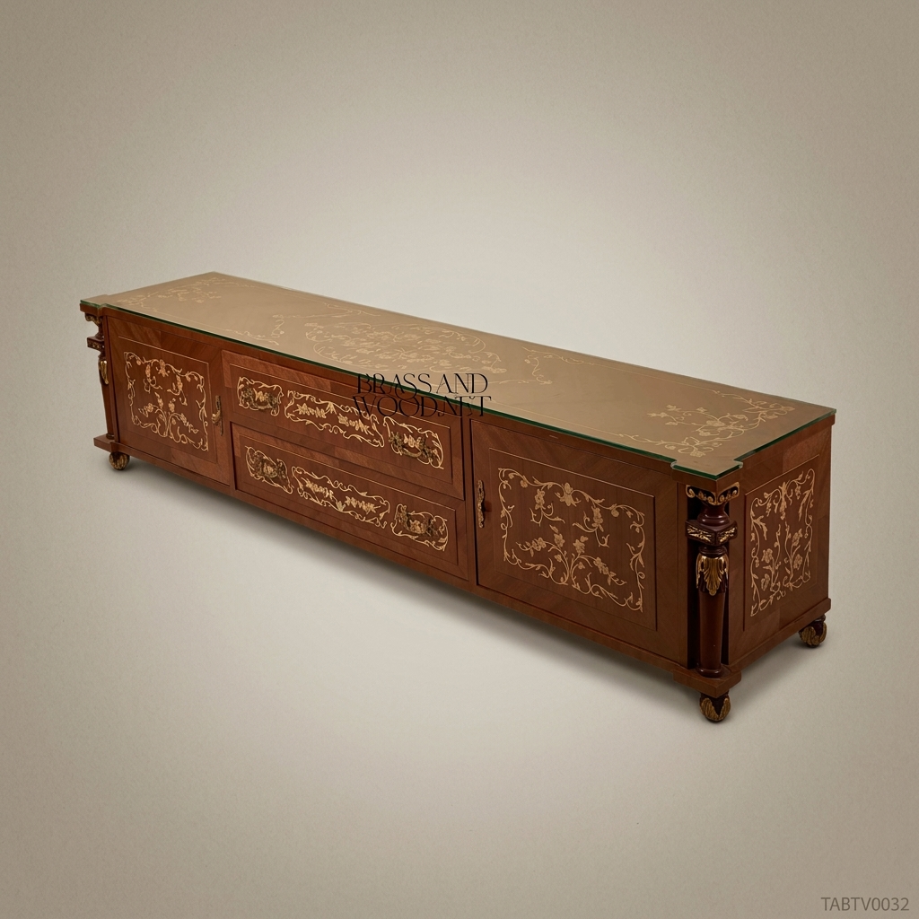 Napoleon III Rococo Revival TV Cabinet with Gold Arabesque Marquetry & Glass Top