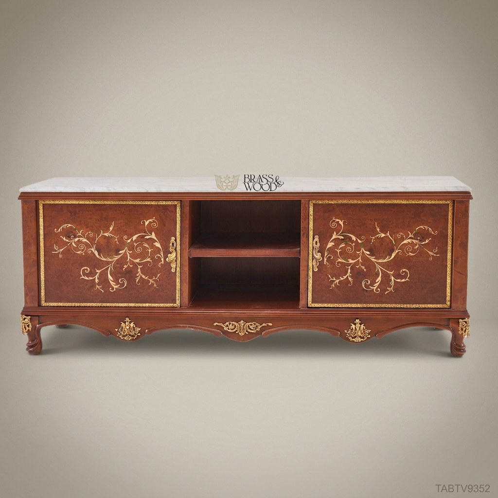 Napoleon III Rococo Revival TV Cabinet – Marble Top with Gold Acanthus Marquetry
